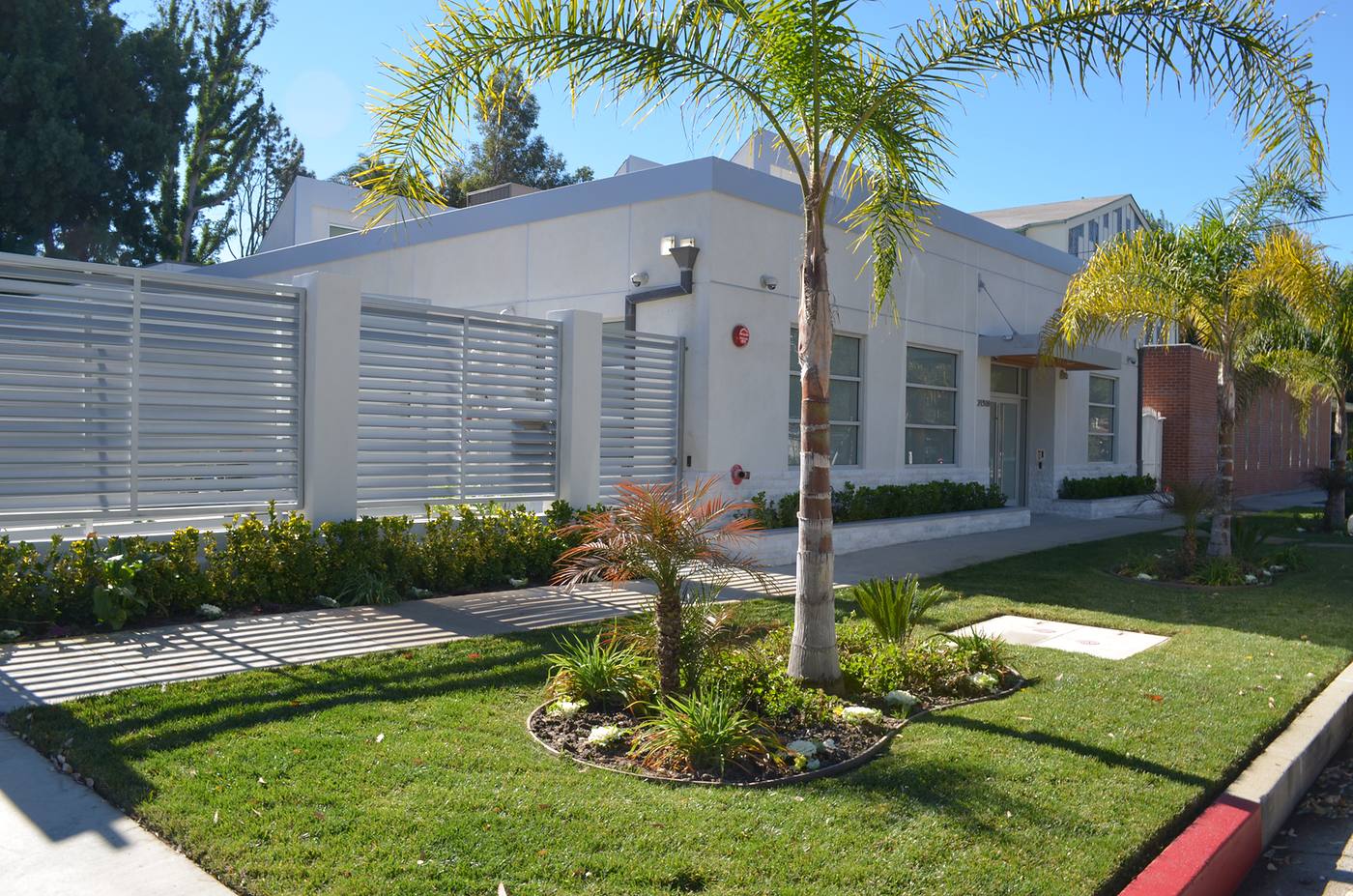White stucco commercial building with a horizontal louvered screen wall, palms and new landscaping in Ventura County